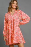 Coral Print Long Balloon Sleeve Tiered Dress CORAL MIX Bazarre Mart Long Sleeve Orange Floral Mini Dress