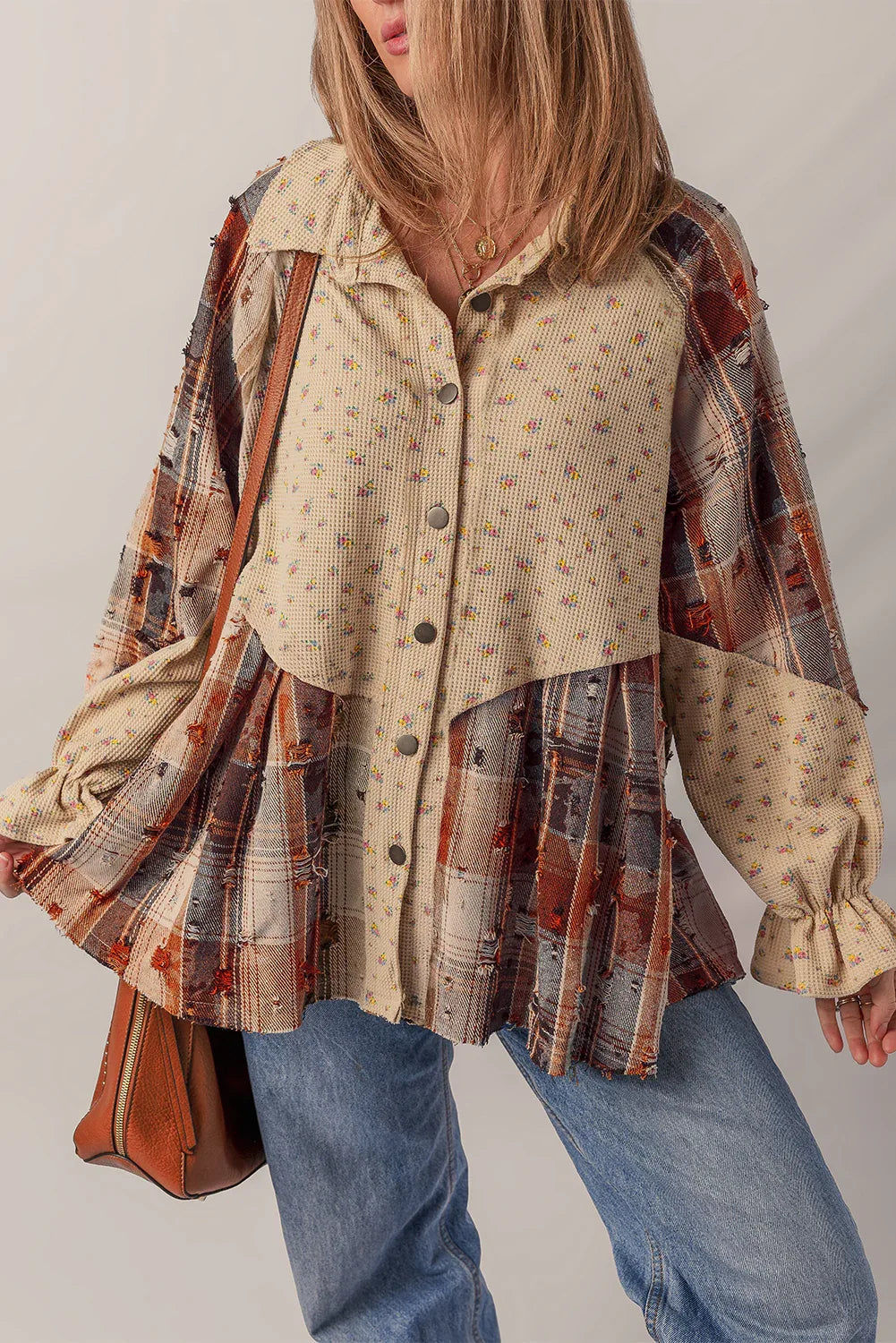 Corduroy Boho Floral Patchwork Distressed Detail Ruffled Sleeve Blouse Ashleigh Blue 100%Polyester Bazaare Mart Outerwear/Plaid Shackets