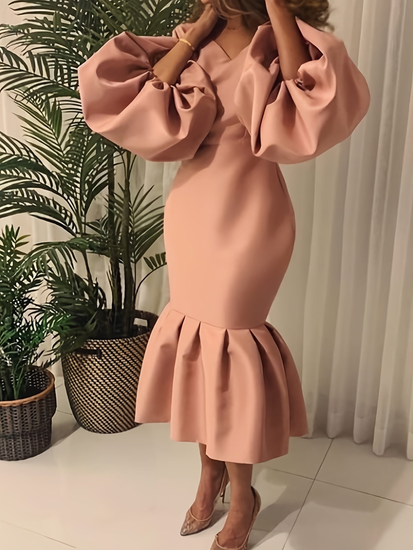 Cowl Neck Balloon Sleeve Mermaid Dress
