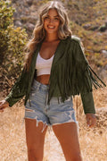 Cropped Fringed Faux Suede Jacket Green 90%Polyester+10%Elastane Bazaarre Mart Outerwear/Jackets