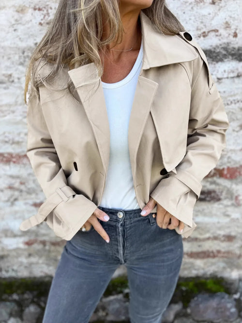 Beige Long Sleeve Button Up Cropped Trench Coat Khaki Bazaare Mart Long Sleeve Button Up Trench Coat