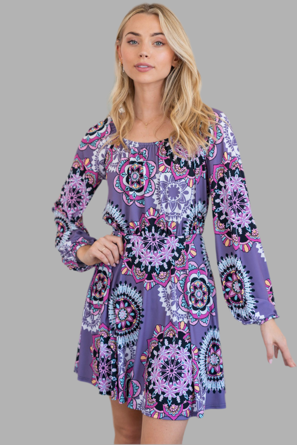 Purple Paisley Long Sleeve Mini Dress