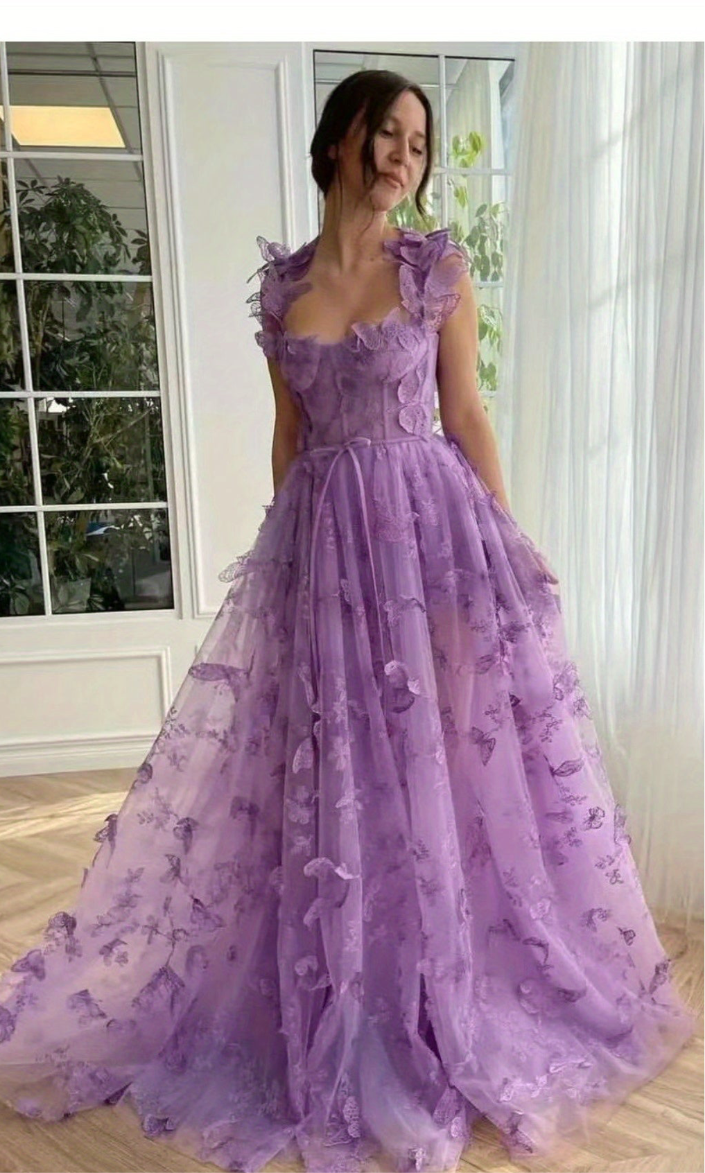 Elegant Long Sheer Flowy Floral & Butterfly Lace Gown