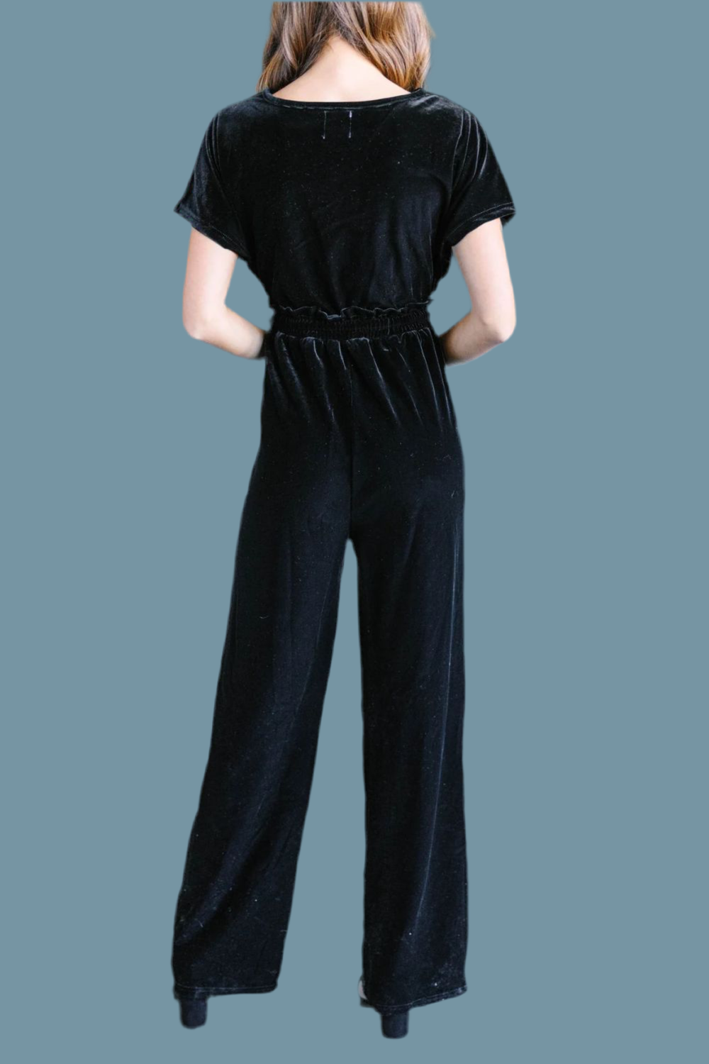 Drawstring Surplice Short Sleeve Velvet Jumpsuit