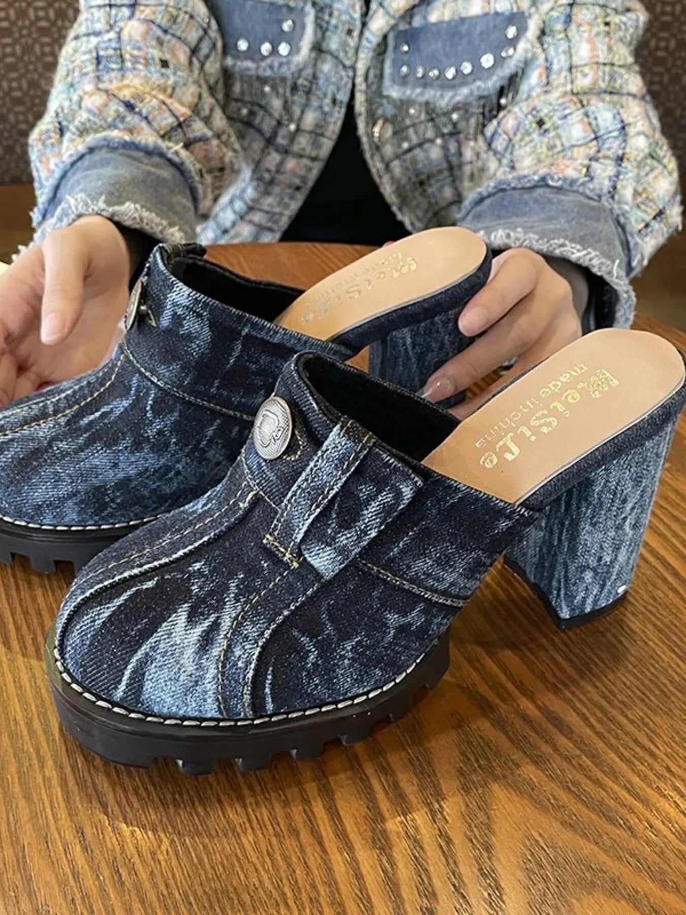 Denim Jeans High Heel Clogs