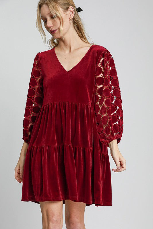 Lace Balloon Sleeve Tiered Velvet Mini Dress