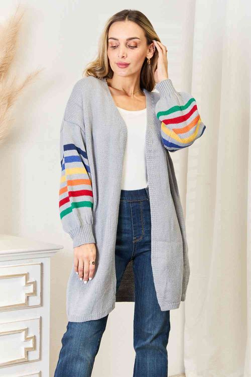 Grey Multicolored Stripe Open Front Longline Cardigan