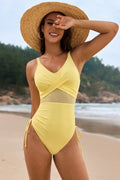 Drawstring Ruched V-Neck One-Piece Swimwear Light Yellow Bazaare Mart Drawstring Ruched V-Neck One-Piece Swimsuit