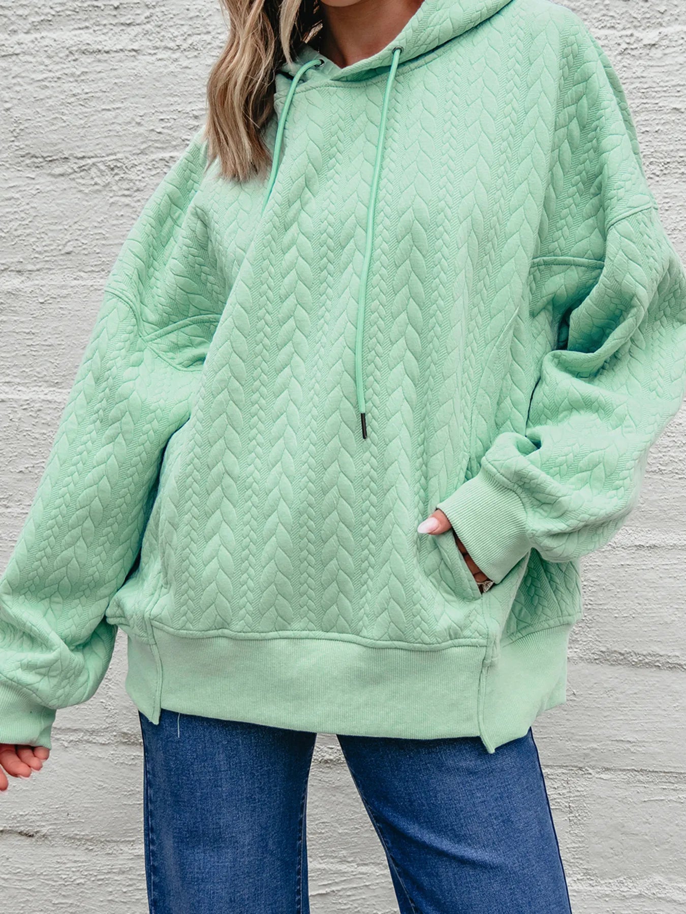 Drawstring Textured Baggy Solid  light green quilted hoodie