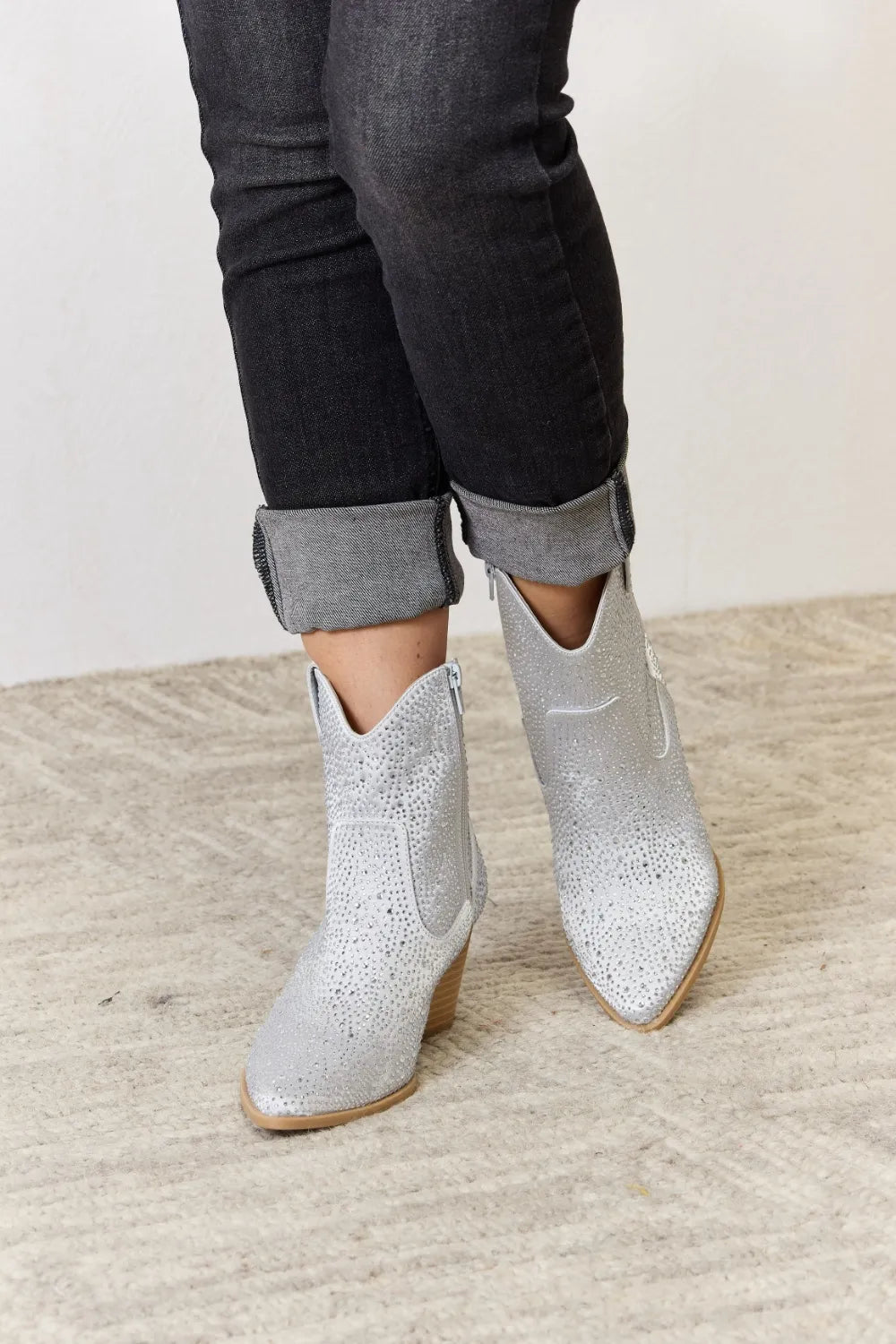 East Lion Corp Silver Rhinestone Ankle Cowboy Booties