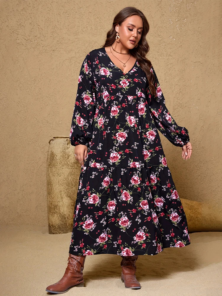 Elegant Black Floral V-Neck Long Sleeve Midi Dress Bazaare Mart Elegant Black Floral V-Neck Long Sleeve Midi Dress