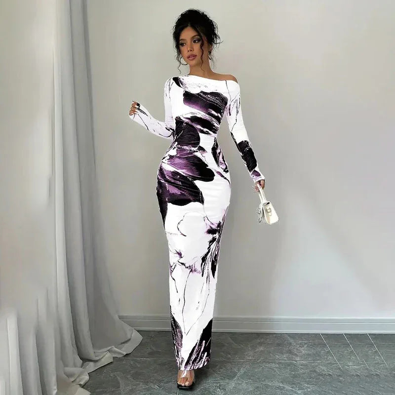 Elegant Boat Neck Off-Shoulder Tie-Dye Floral Bodycon Maxi Dress Bazaare Mart Long Sleeve Floral Maxi Dress