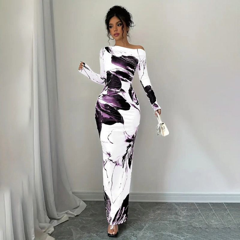 Elegant White Boat Neck Off-Shoulder Long Sleeve Tie-Dye Purple and Black Floral Bodycon Maxi Dress 