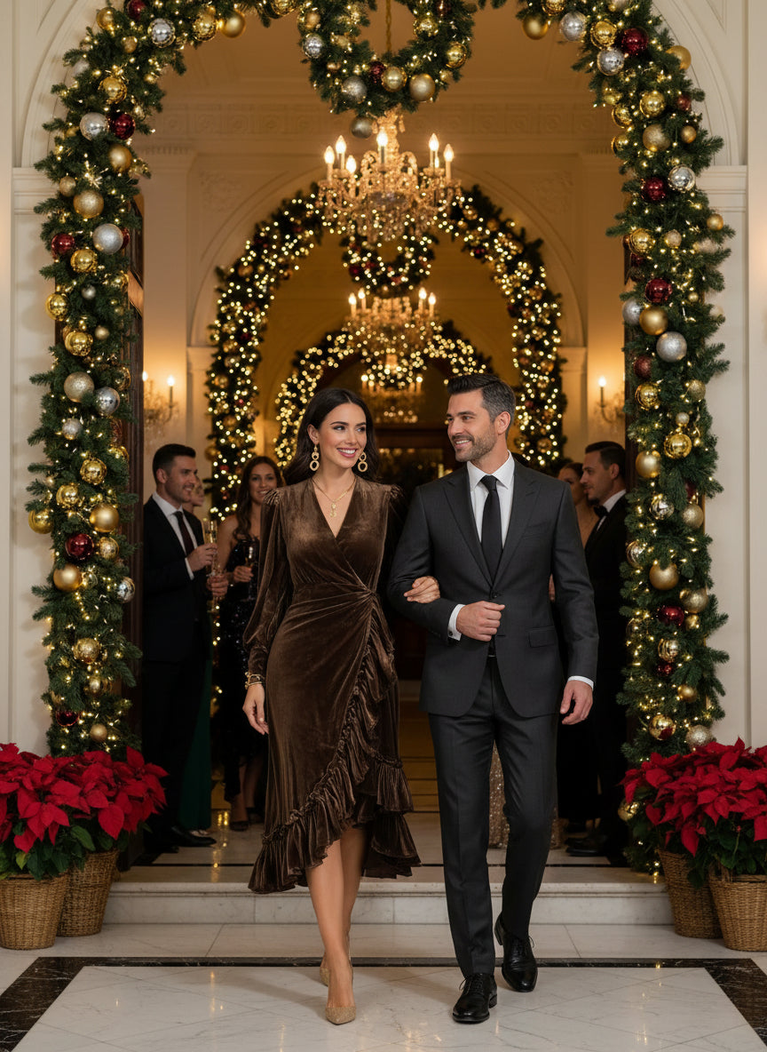 Elegant Dark Brown Velvet-Like V-Neck Wrap Around Ruffled Hem Dress 