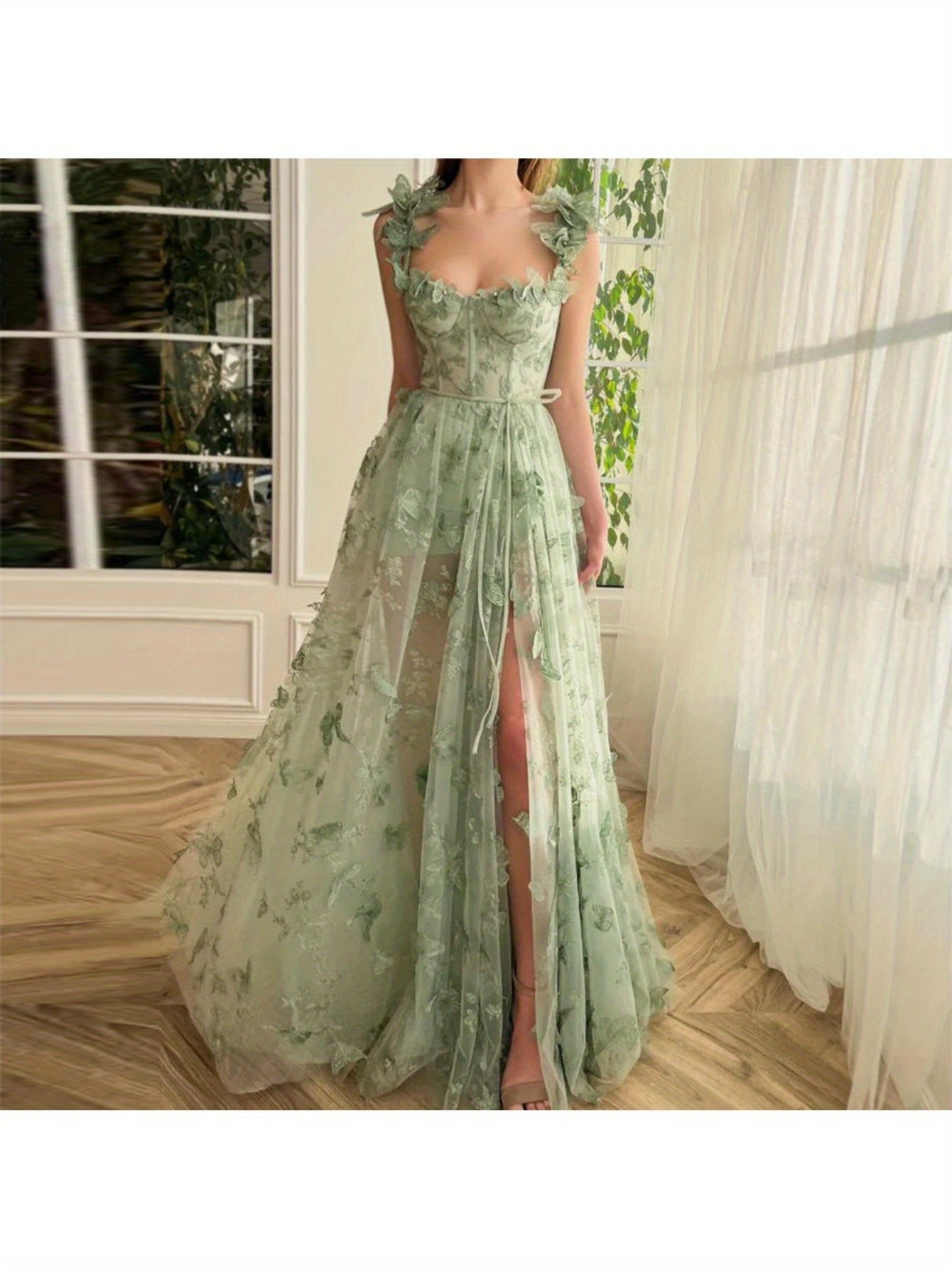 Elegant Long Sheer Flowy Floral & Butterfly Lace Gown