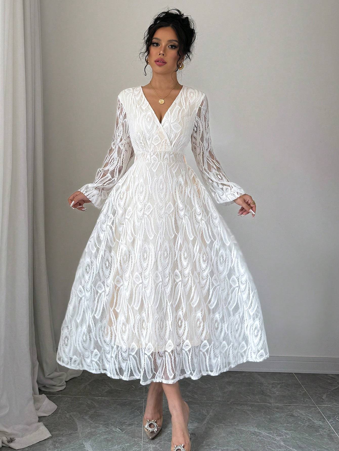 Elegant Long Sleeve V-Neck Lace Peplum Dress