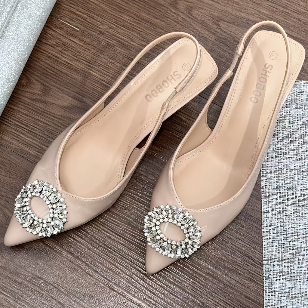 Beige Pointed Toe Rhinestone Accented Slingback Heels