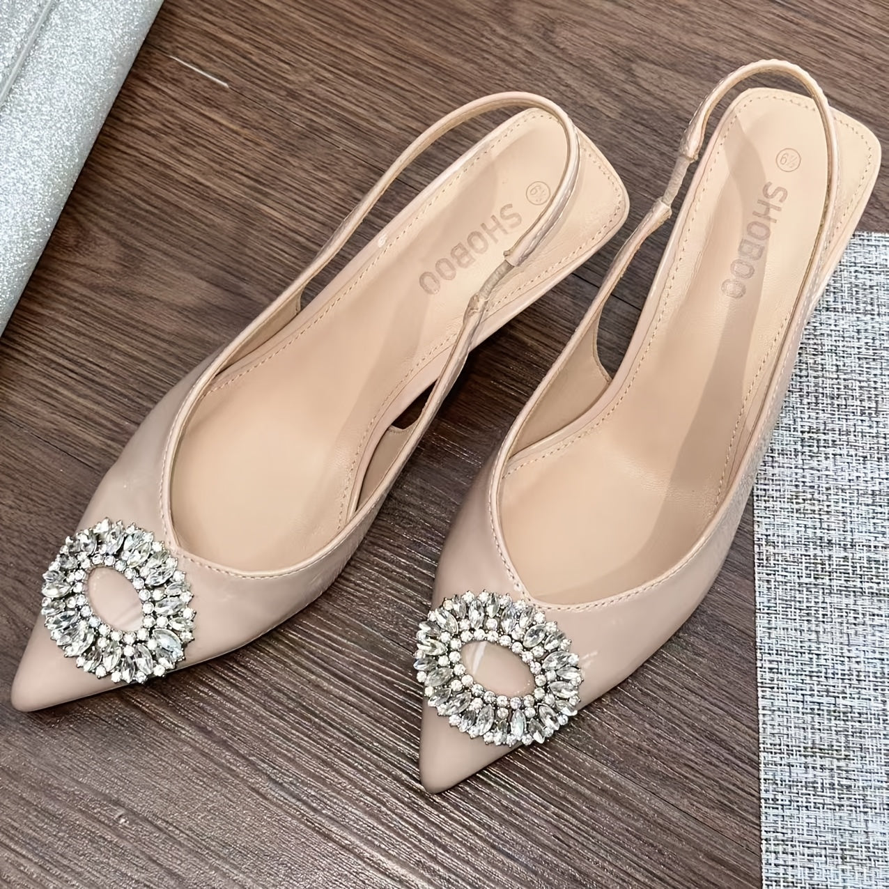 Beige Pointed Toe Rhinestone Accented Slingback Heels