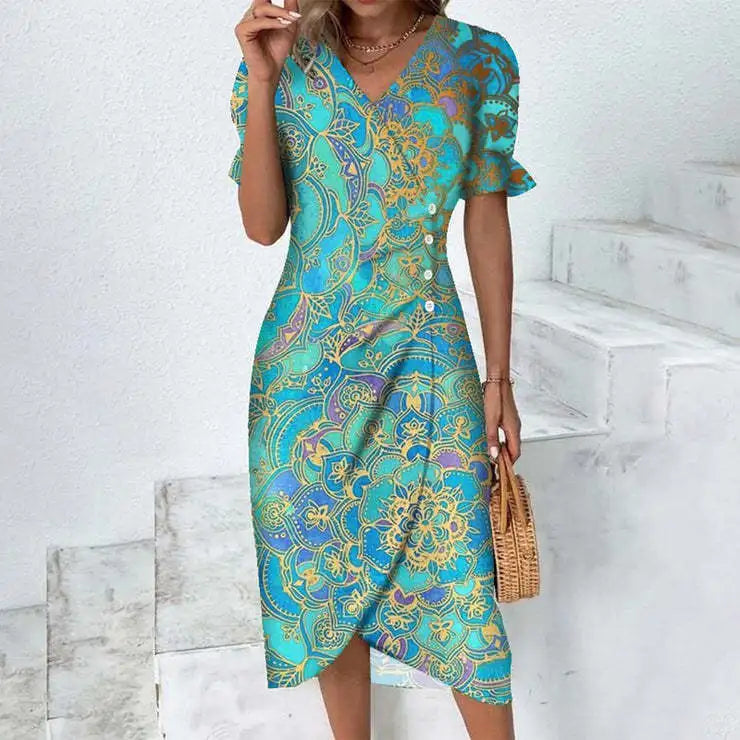 Elegant Green Blue and Gold Printed Puff Sleeve V-neck Wrap Dress