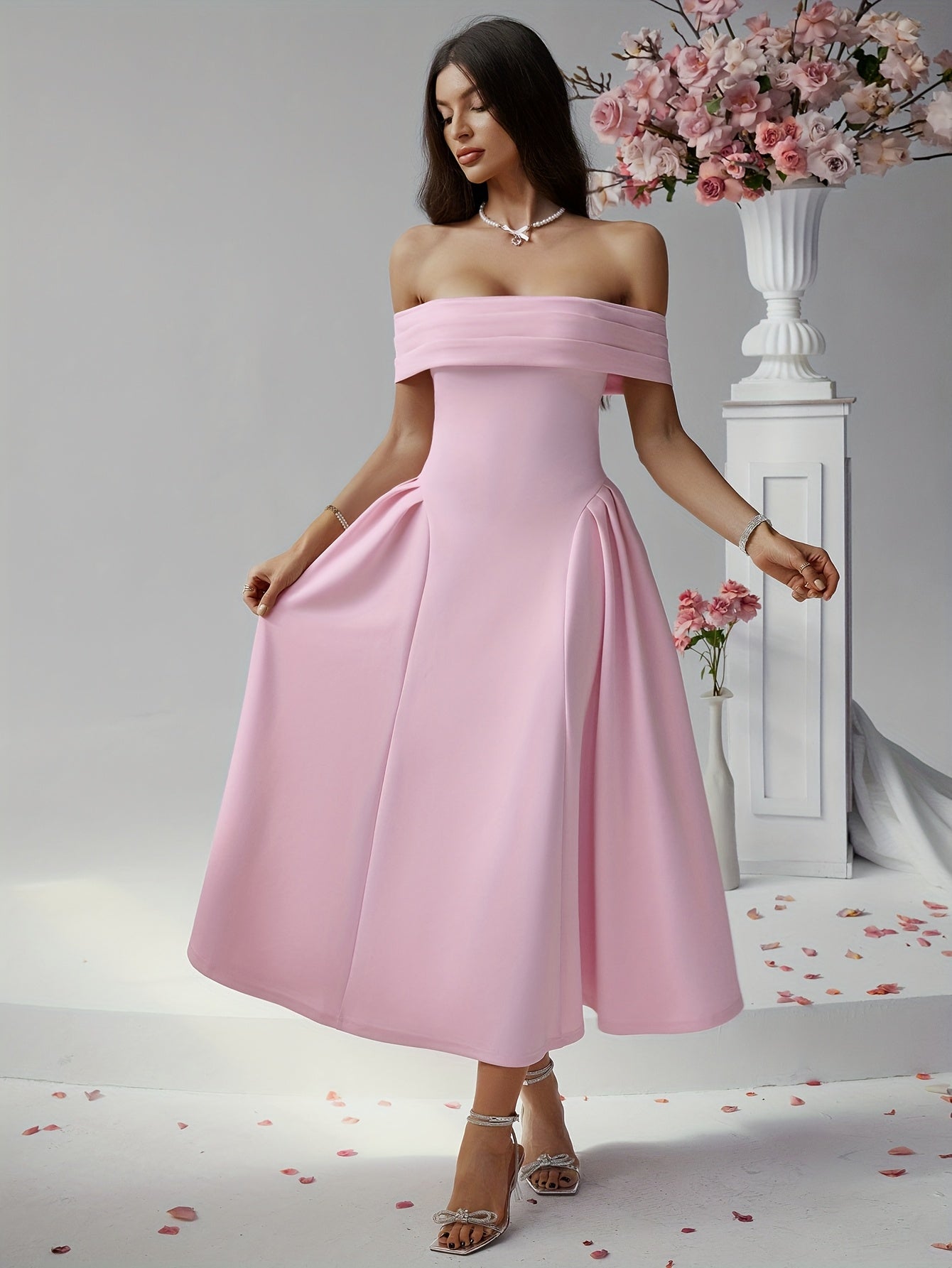 Elegant Pure Color High Waist Off Shoulder Midi Dress