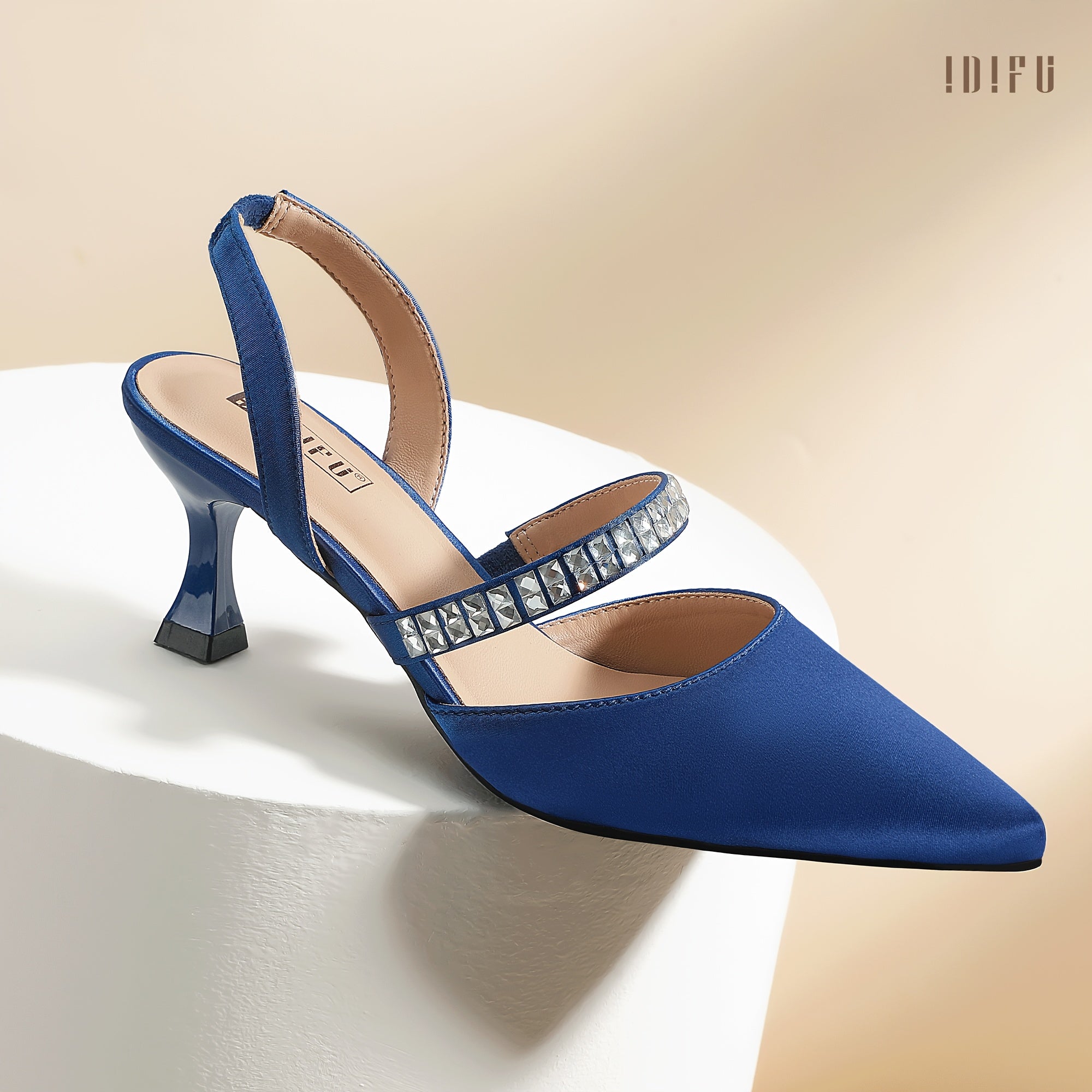 Navy Elegant Rhinestone-Embellished Pointed Toe Half Heel Strappy Shoes
