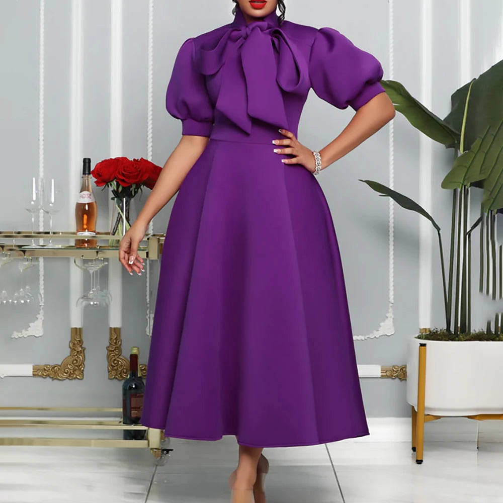 Elegant Purple Bow Tie Short Puff Sleeve Full Skirt Midi Dress