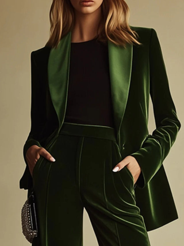 Elegant Green Velvet Flair Leg Pants Suit 