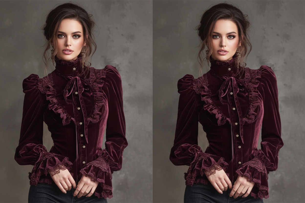 Elegant Vintage High Neck Puff Shoulder Velvet Blouse Bazaare Mart Velvet Blouse