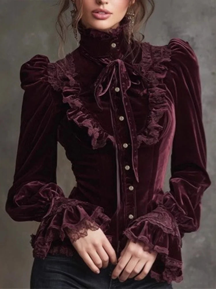 Elegant Vintage High Neck Puff Shoulder Velvet Blouse Claret Bazaare Mart Velvet Blouse
