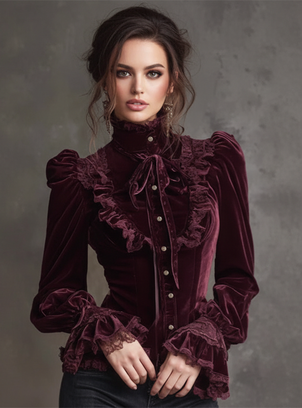 Elegant Vintage High Neck Puff Shoulder Velvet Blouse Bazaare Mart Velvet Blouse