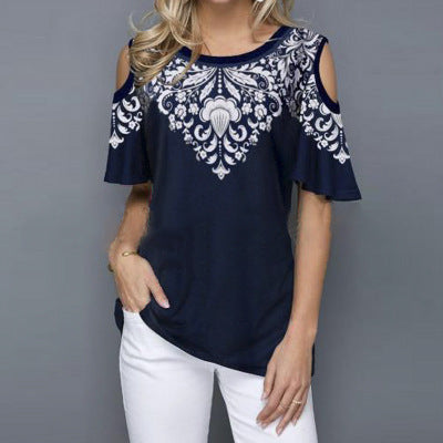 Navy blue top with white lace embroidery 