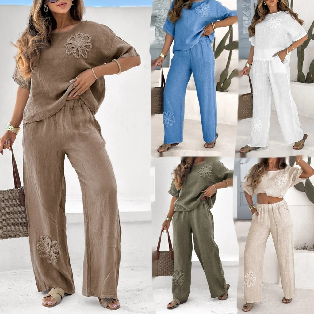 Embroidered Flower 2-piece Pants Sets
