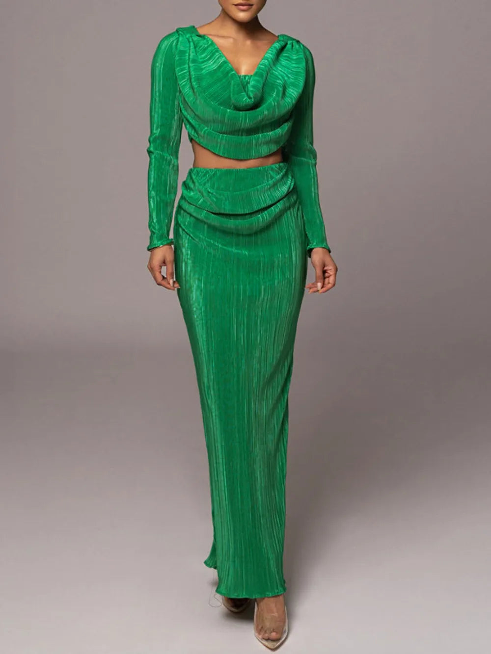 Emerald Cowl Neck Long Sleeve Crop Top and Maxi Skirt Set
