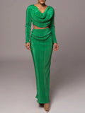 Emerald Cowl Neck Long Sleeve Crop Top and Maxi Skirt Set Green Trendsi Ruched Cowl Neck Top and Maxi Skirt Set