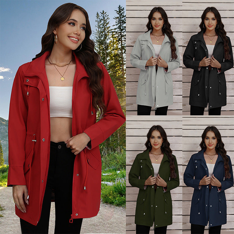 Woman wearing a red coat outdoors with four additional images of her wearing different colored coats.