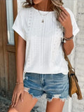 Eyelet Round Neck Short Sleeve T-Shirt White Bazaare Mart Eyelet Round Neck Short Sleeve T-Shirt