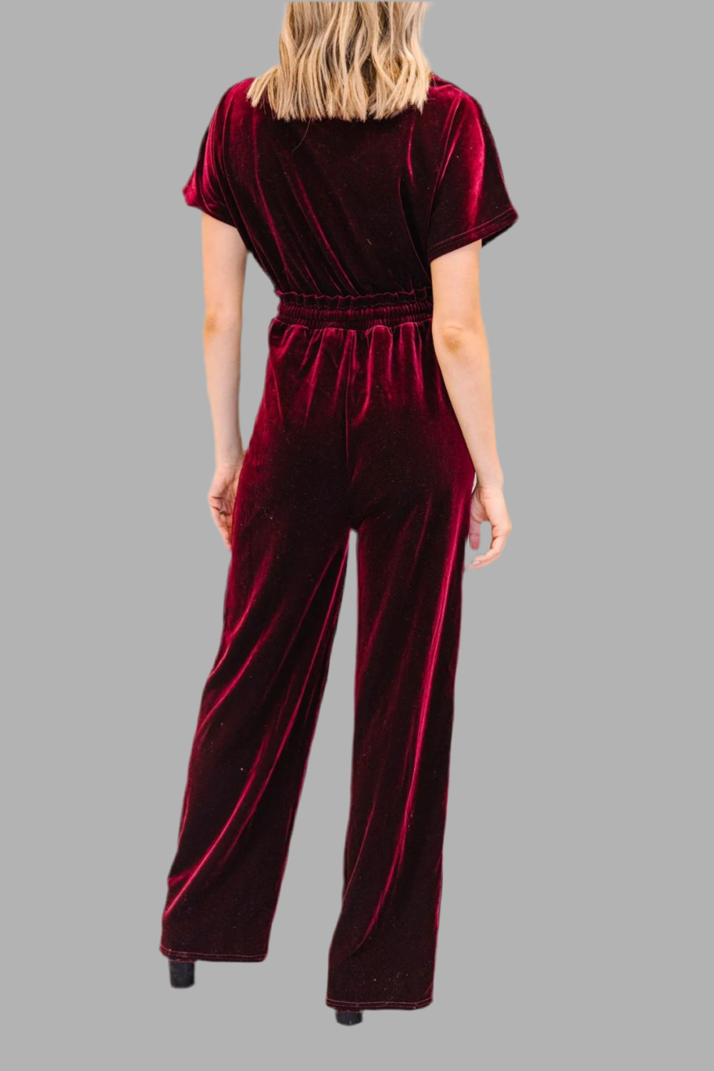 Drawstring Surplice Short Sleeve Velvet Jumpsuit