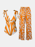 FAM-FAM Orange Print Tie Shoulder Swimsuit and Pants Set Tangerine Bazaare Mart FAM-FAM Printed Tie Shoulder Swimwear Set