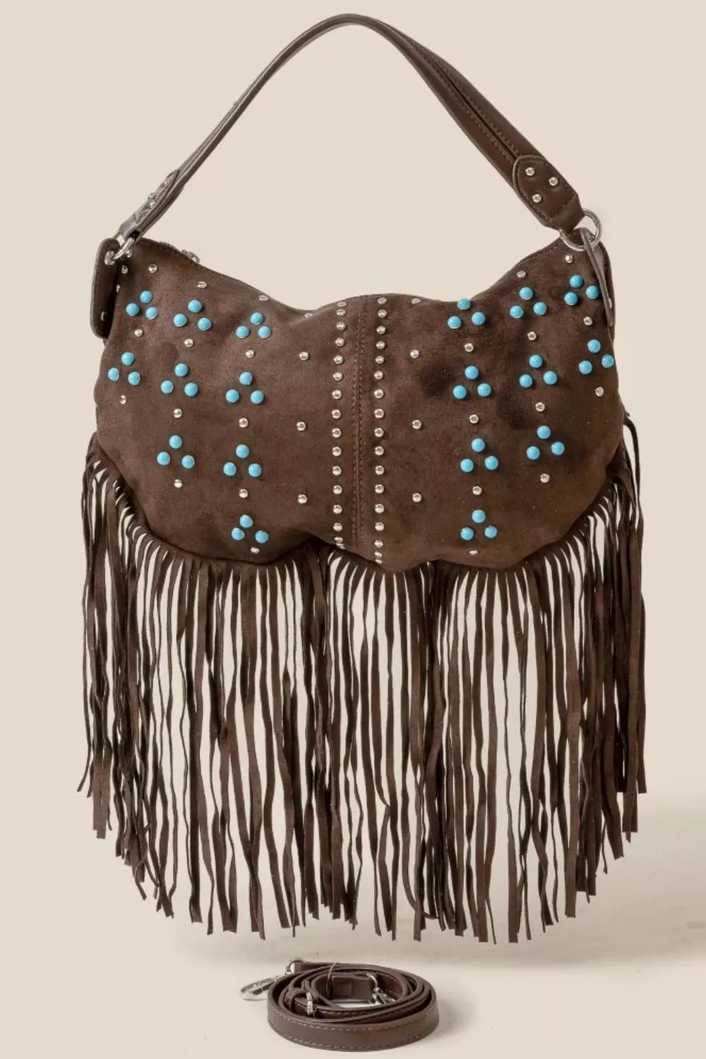 Brown handbag with fringes and blue studs 