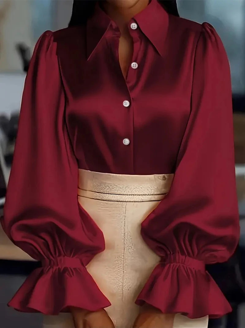 Fancy Satin Ruffled Cuff Long Puffed Sleeves Burgundy Bazaare Mart Long Sleeve Button Up Blouse