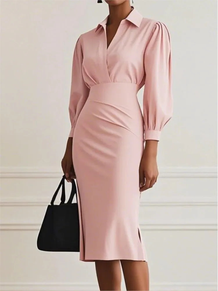 Fashionable Pink Collared V-neck 3/4 Sleeve Bodycon Back Slit Midi Dress