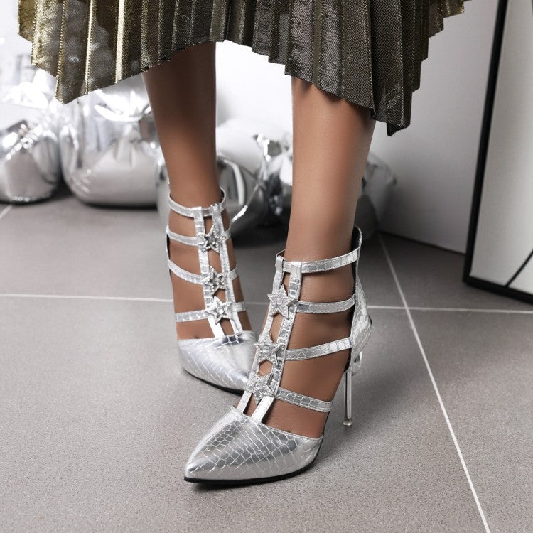 Silver Faux Alligator 3 Strap Star Pointed Toe Stiletto Sandals