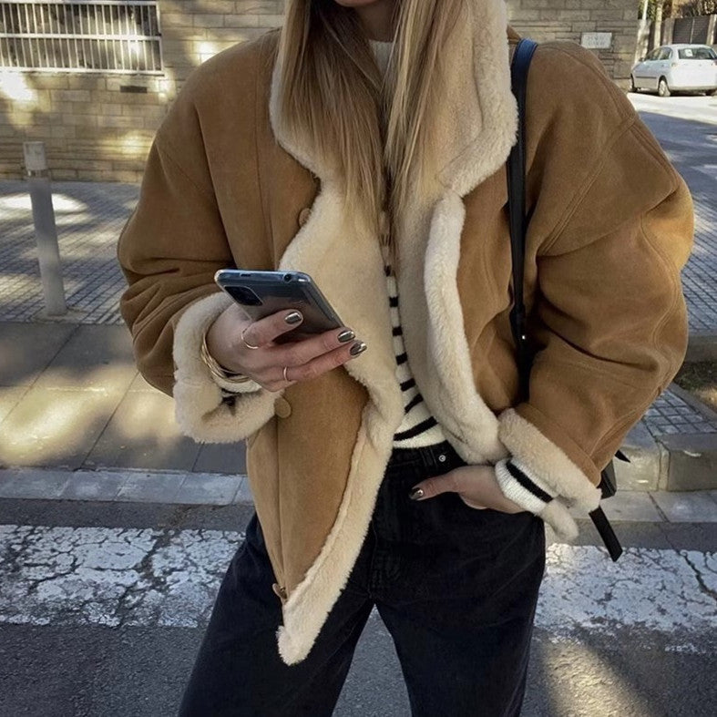 Faux Khaki Suede Lamb Shearling Jacket