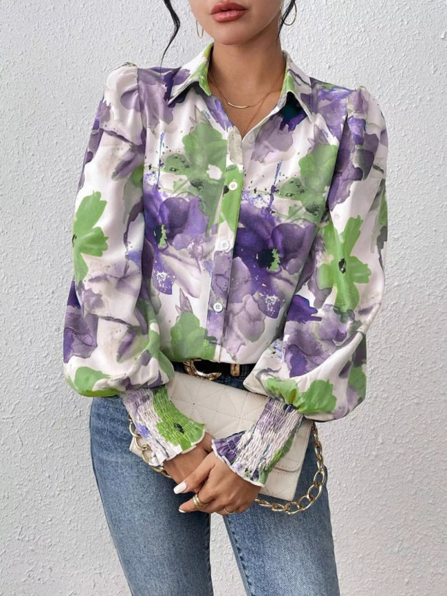 Purple and green Floral Button Up Long Lantern Sleeve Blouse