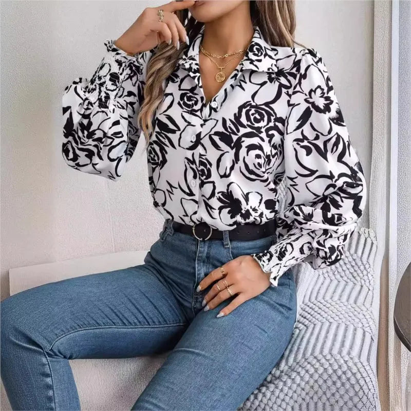  B&W Floral Long Lantern Sleeve Flip Collar Blouse