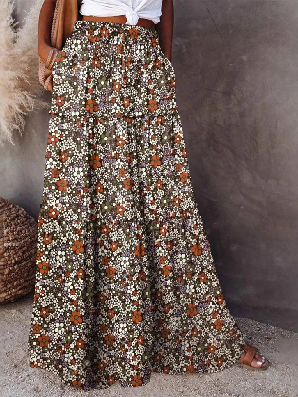 Green Orange & White Floral Maxi Skirt with Pockets