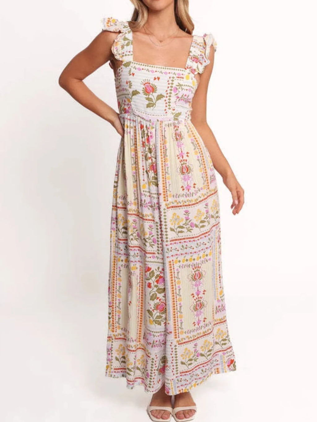Rococo Floral Box Print Ruffled Straps Wide Leg Jumpsuit