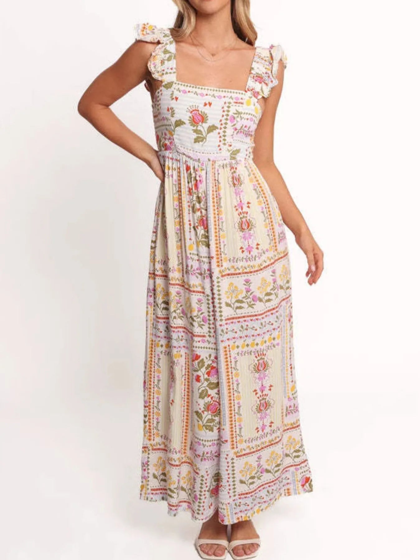 Rococo Floral Box Print Ruffled Straps Wide Leg Jumpsuit
