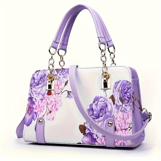 Purple Floral Print Satchel Crossbody Handbag