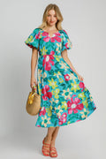 Floral Tiered Notched Puff Sleeve Midi Dress AZUREMIX Bazaare Mart Spring Midi Dress